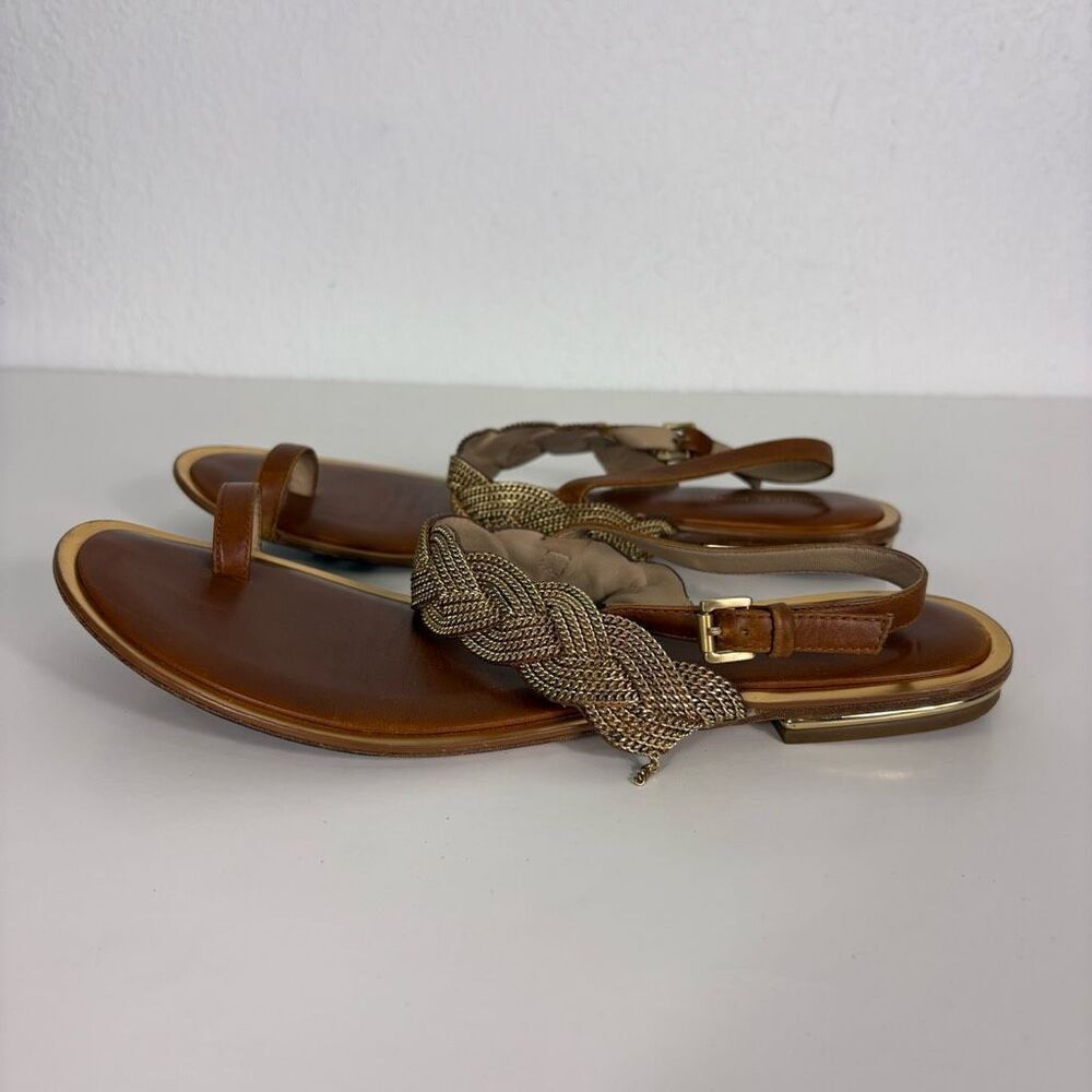 Micheal Kors Collection Brown Leather with‎ Gold Braided Strap Sandals Size US 9